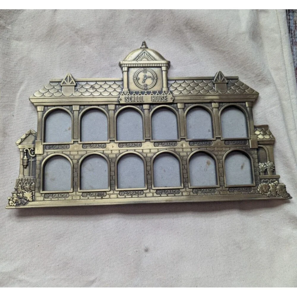 Vintage Brass School House Picture Frame  1st-12th Grade School Years Easel